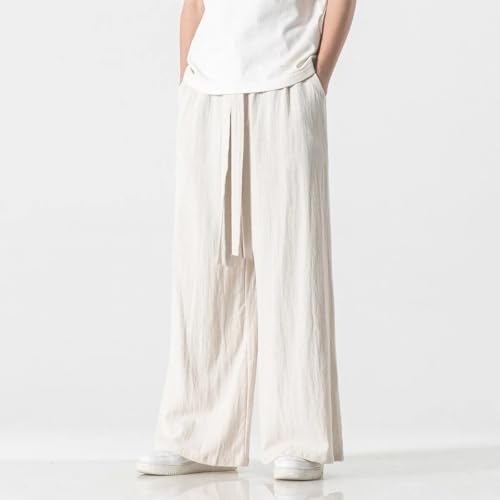 Wide Leg Pants Men Linen Cotton Solid Color Loose Japanese Style Casual Trousers3