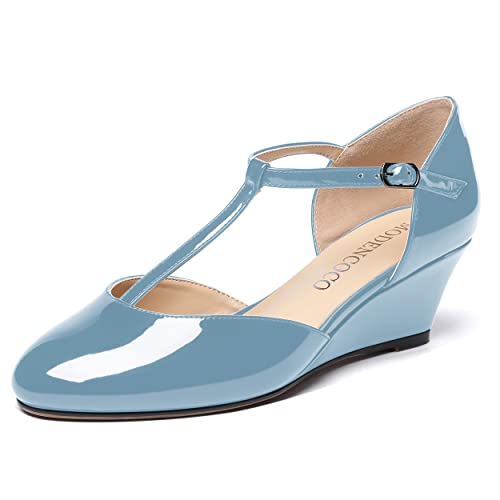 MODENCOCO Women's Dating T Strap Buckle Round Toe Fashion Patent Wedge Low Heel Pumps Shoes 2 Inch