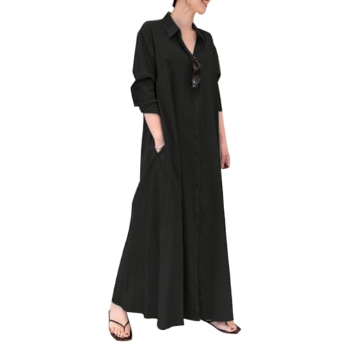 Robe chemise longue boutonnée à manches longues en coton avec poches pratiques