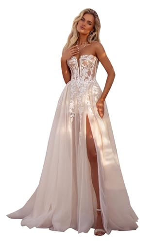 Women's Long Beach Wedding Dresses for Wedding 2025 Lace Applique Tulle Bridal Gowns HC013