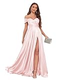 JKMMYO Blush Pink Bridesmaid Dresses Long for Women Off The Shoulder Satin Formal Evening Dresses with Slit Size 14