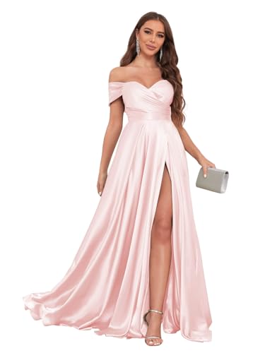 Image of JKMMYO Satin Bridesmaid Dresses for Women Off The Shoulder Pleated Long Formal Evening Dress