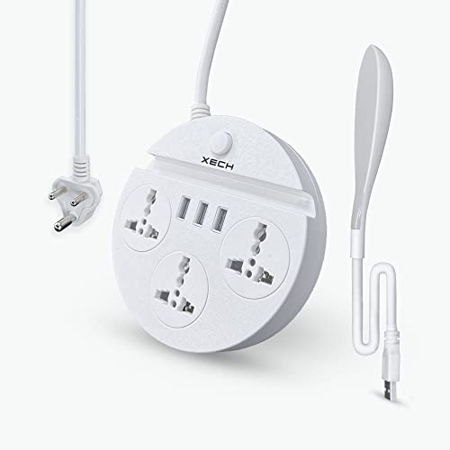 Image of XECH Extension Board with USB & Desk Light 2500W Power with 3 Universal Sockets & 3 USB Output Ports & 2 Meter Cable Length (Charging Disc PRO)
