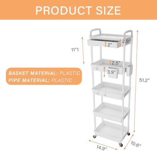 Image of 5 Tier Rolling Utility Cart with Drawer,REBECAT Utility Cart Made of Multifunctional Storage Organizer Tool for Kitchen,Bathroom,Living Room,Office(White)