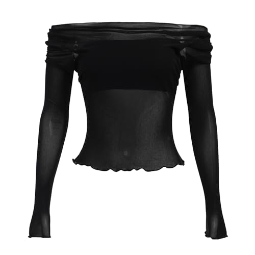 ABAFIP Women's Sheer Crop Top Ruched Ruffle Off Shoulder Mesh Cropped Long Sleeve Blouse Rave Tops3