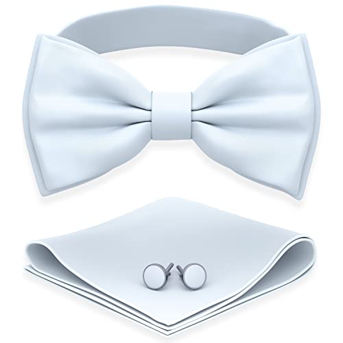 Image of Adam Young Men's Bow Ties with Handkerchief & Cufflinks Pre-Tied Style Formal Satin Classic Bowtie for Tuxedo Faux Silk