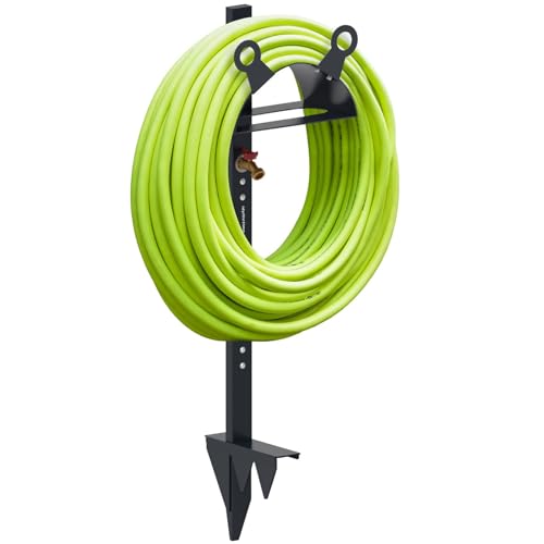 idyllictime Garden Hose Holder Stand for Outside with Tool Organizer Heavy Duty Thickened Carbon Steel (Deep Grey With Faucet)