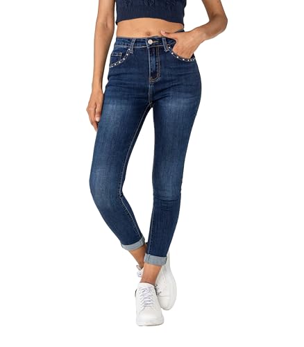 Nina Carter P605 Damen High-Waist Jeans mit Nieten-Details Slim Fit Stretch Jeanshose Used-Look (Rohblau (P605-9), M) Nina Carter P605 Damen High-Waist Jeans mit Nieten-Details Slim Fit Stretch Jeanshose Used-Look (Rohblau (P605-9), M)