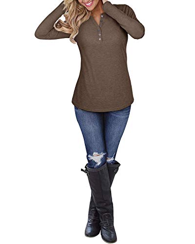 KILIG Women's Long Sleeve V-Neck Button Loose Casual Tunic Tops Blouse Henley T Shirts(D2-Brown,L)