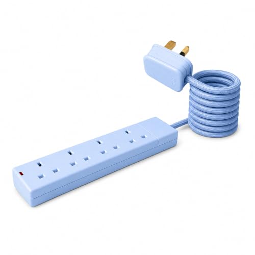 Pastel Blue Extension Lead, 4 Way Power Strip with 1.5m Braided Anti-Tangle Cable, 13A Fused UK Plug, Wall Mountable – Home & Office