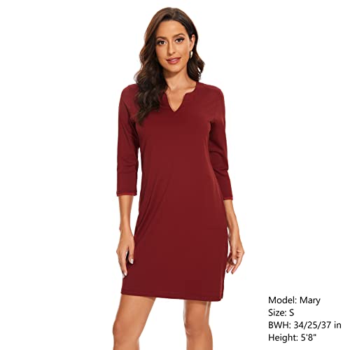 Lightbare Women’s 3/4 Sleeve Dress With Pockets Upf 50+ Casual Sun Dress Breathable Quick Dry For Beach Hiking Outdoors Party Wine Red #TOP3
