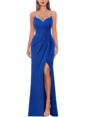 Image of VFSHOW Womens Sexy Formal Ruched Fitted High Slit Bodycon Maxi Dress Spaghetti Strap Sweetheart Cocktail Prom Evening Gown
