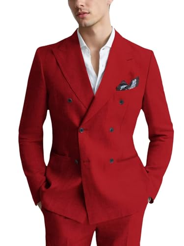 Men's Linen Suit 2 Piece Double Breasted Suits for Men Slim Fit Tuxedos Suits Set for Wedding Prom3