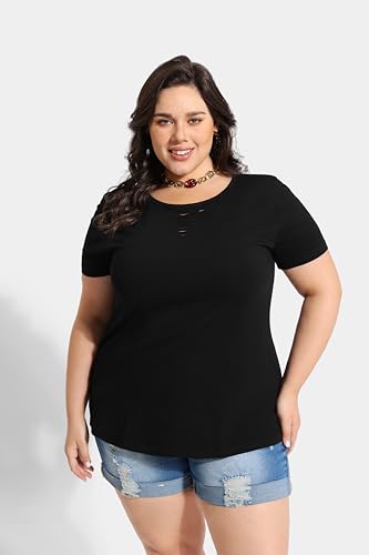 Image of CARCOS Plus Size Tops for Women Short Sleeve Shirts Basic Tee Solid Color Blouse V Neck Tunic Loose Fit Tshirts Summer XL-5XL