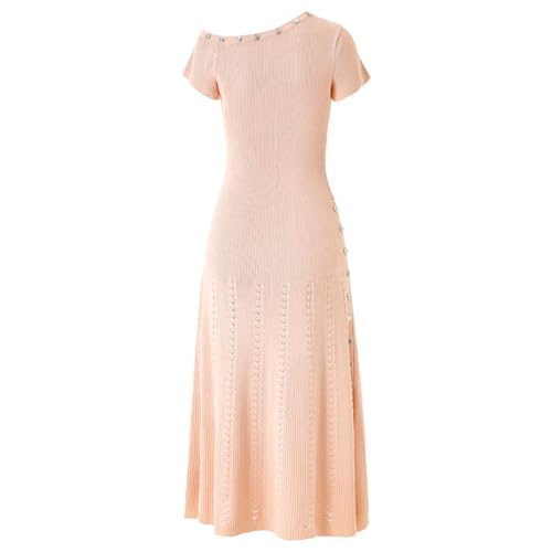 Women's Asymmetrical Slant Neck Short Sleeve Flared Skirt Solid Color Round Neck Slim Long Skirt Apricot M3