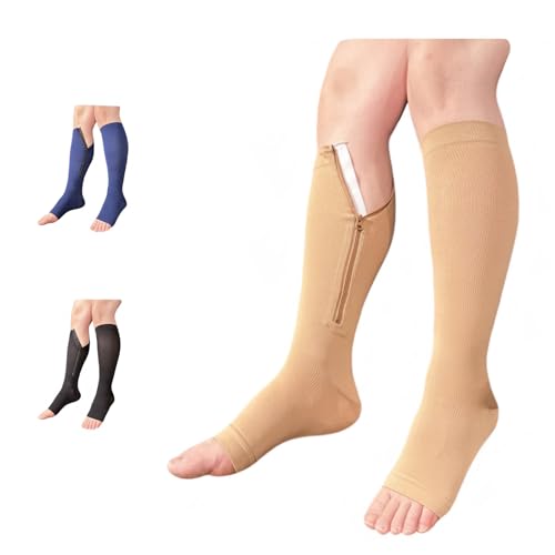 Image of 8-15 mmHg Compression Grade 0 Calf Inside Leg Zipper Open Toe Socks (Beige, Small-Medium)