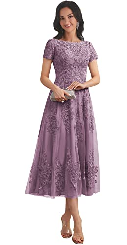 Women's Lace Applique Mother of The Bride Dresses for Wedding with Sleeves Tea Length Tulle Formal Gown3