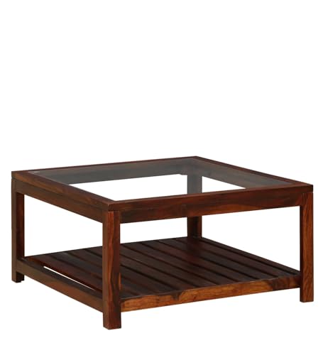Image of BWF Premium Sheesham Wood & Glass Top Square Shape Centre Table | Coffee Table | Sofa Table | Living Room Furniture | Under Table Shelf Storage | BP - 34 | Honey Finish |