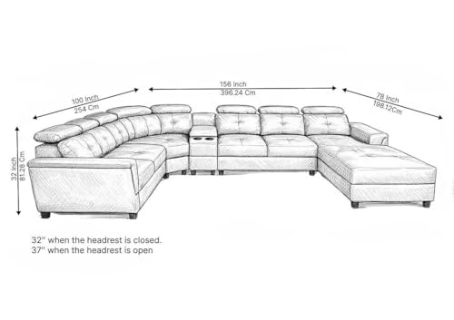 Image of Torque Arnold Fabric 8 Seater Sofa with Lounger and Cup Holder Dark Grey | Corner Sofa Couch with Moveable Headrest | U Shape Sectional Sofa Set Living Room Office Home