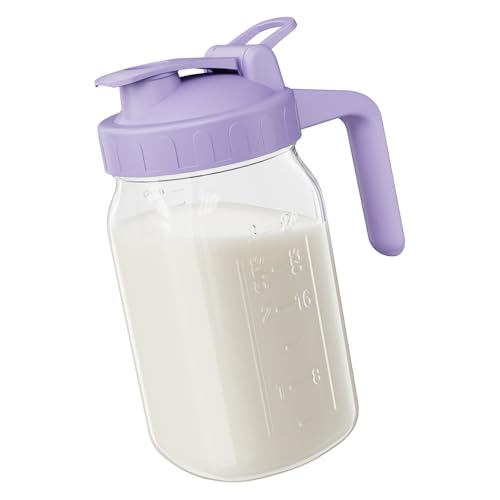 Image of Breast Milk Pitcher - 32 oz Glass Mason Jar with Dual Leak-Proof Design, Airtight Seal, Pour Spout & Handle, Storage Container for Breastmilk, Iced Tea & Ice Drinks（Purple）