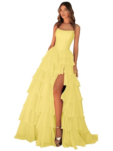 Sevintage Yellow Prom Dresses 2026 for Women Corset Strapless Tulle A Line Flowy Maxi Tiered Formal...