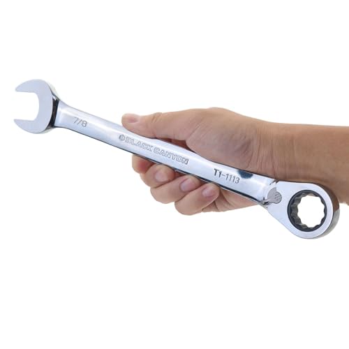 Image of BLACK CANYON 7 /8 Inch Ratchet Combination Wrench, 12-Point Box End & Hex Opening, Polished Steel Ratcheting Wrench with SAE & Metric Sizes