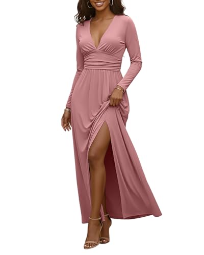 Image of Womens Backless Dress Sexy Halter Deep V Neck Maxi Dresses Sleeveless Long Cocktail Dress with Slit
