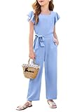 Haloumoning Girls Jumpsuit Kids Fashion Square Neck Ruffle Sleeve Belted Wide Leg Romper with Pockets