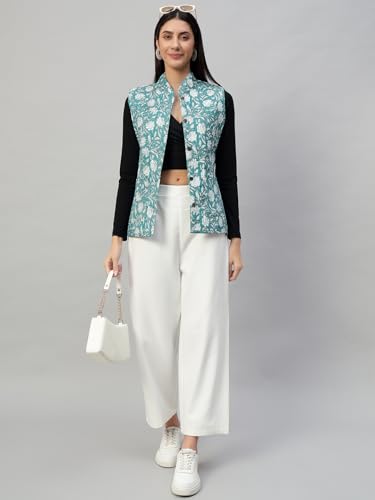Image of Ravaiyaa - Attitude is everything Women's Floral Printed Reversible Quilted Jacket Coat Blazer Jacket Sleeve Less Waistcoat