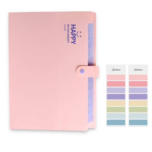 Meekye Carpeta archivadora A4 con 12 compartimentos y 16 etiquetas, carpeta de documentos A4, sistema de carpetas, organizador de documentos para casa, oficina, escuela, recibos y viajes, color rosa