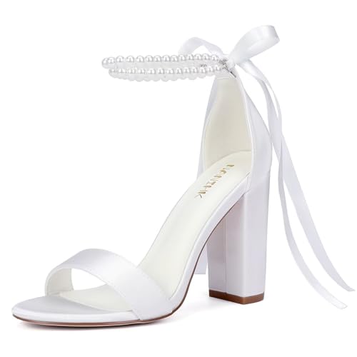 High Block Heels Wedding Shoes for Bride Open Toe Bridal Shoes Pearl Heels Wedding Sandals