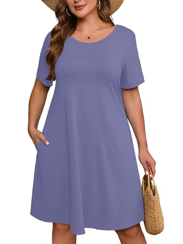 Image of AusLook Plus Size Midi Dress for Women Casual Summer Short Sleeve A Line Swing Dress with Pocket Round Neck Flowy Dress 1X-5X