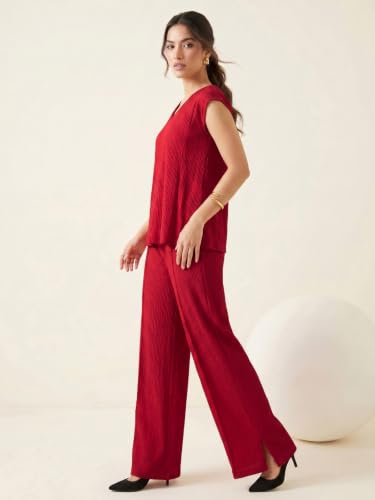 Image of Selvia Lycra Red V Neck Top and Trouser Set, Co ord Set for Women Stylish