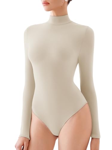 REORIA Women's Long Sleeve Bodysuits Mock Turtleneck Slim Tight Double Lined Basic Layering Body Suits Tops Fall Winter Outfits 2025(Nude Cream Small)
