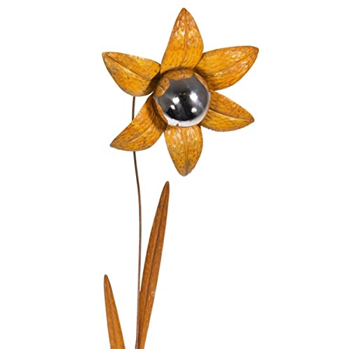CIM Rost Gartenstecker Gartendeko - Edelrostblume Mirror Lilie L - Abmessung: 30x26x104cm - oxidierter Stahl, polierte Edelstahlkugel - inkl. 2-zackiger Bodenverankerung