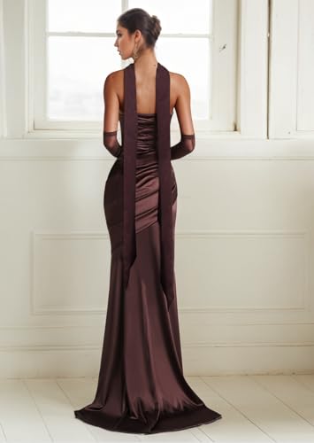 Strapless Bridesmaid Dress with Neck Scarf Ruched Mermaid Evening Dresses Satin Prom Dress for Women2