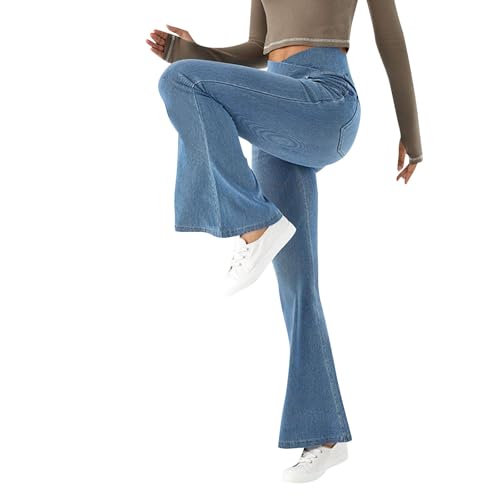 Bell Bottom Jeans for Women Crossover Elastic Waist Jean Leggings Stretchy High Waisted Denim Pants with Pockets4
