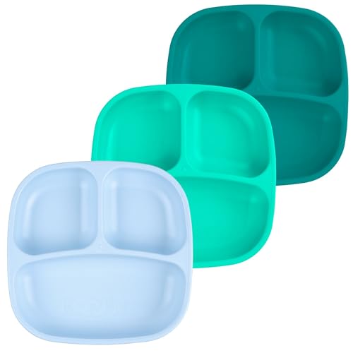 Image of Re-Play Divided Toddler Plates Set of 3 - Deep-Walled 3 Compartment Kids Plates for Picky Eaters - Dishwasher & Microwave Safe - BPA-Free - Made in USA, Sea Glass