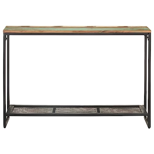 Eleganz Mesa consola de madera maciza reciclada con colores de madera vieja, 110 x 35 x 75 cm, revestimiento de polvo negro, sostenible y elegante para salón y pasillo