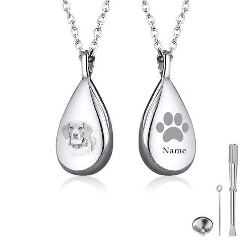 Lrnkaztic Custom Pet Ashes Necklace Personalized Memorial Urn Necklace for Ashes Custom Cat Dog Ash Holder with Photo & Name Silver Keepsake Jewelry Gift for Pet Loss(Silver)