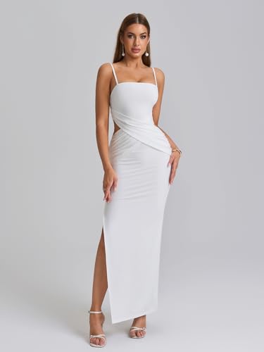 Image of EYNMIN Spaghetti Strap Long Formal Dress Cut Out Ruched Bodycon Split Elegant Wedding Guest Maxi Dresses for Women