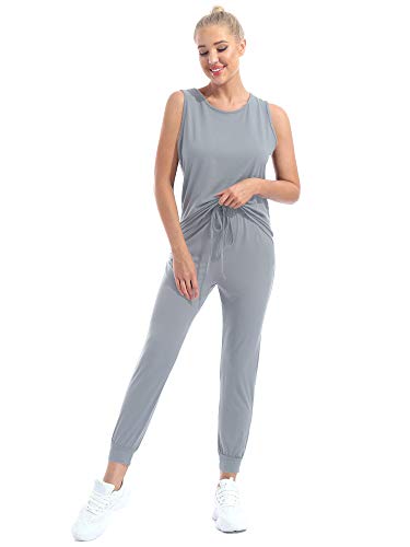 LiiYii Camiseta de cuerpo deportivo para mujer, sin mangas, pantalón largo elástico y holgado, talla grande, talla S-3XL gris 3XL
