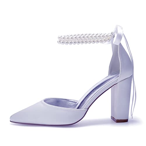 Closed Toe Pearl High Heels Satin Wedding Shoes for Bride Block Heels Bridal Shoes Prom Evening Party Dress Shoes Pumps2
