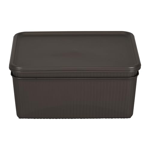 Image of Kolorr Ribbed Baskets Medium Pack of 2 With 2 Standard Lid (Non-Airtight Loose-Fit Cover) Multipurpose Plastic Storage Baskets For Cloths Wardrobe Home Kitchen & Livingroom I Dark Brown