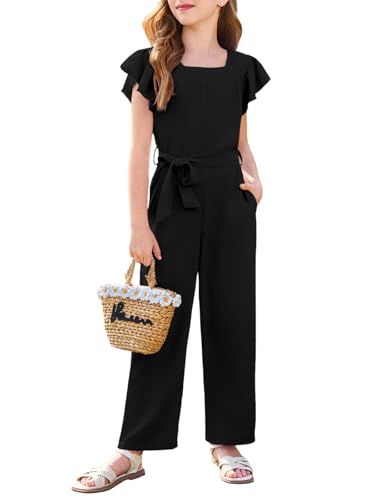 Haloumoning Girls Jumpsuit Kids Fashion Square Neck Ruffle Sleeve Belted Wide Leg Romper with Pockets