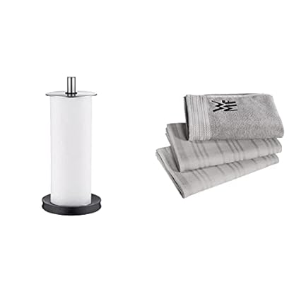 WMF Depot Küchenrollenhalter stehend 32 cm, Cromargan Edelstahl, Silikonfüße spülmaschinengeeignet & Küchenhandtuch-Set 3-teilig, Handtuch, Geschirrhandtuch, Baumwolle