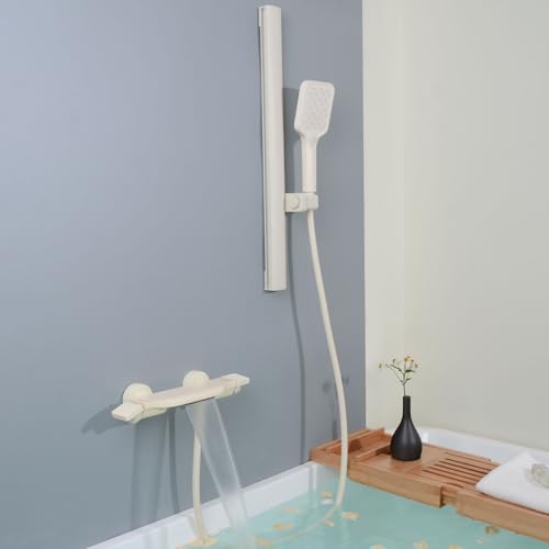 SHANFO Robinet de Baignoire Cascade, Mitigeur Baignoire avec Douchette, Robinet Baignoire avec Barre de Douche, Mitigeur Bain Douche Mural, Blanc, 14Y6OK-B