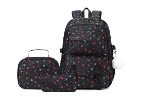 Miacollie Kids Backpack for Girls with Lunch Box Teen Girl Backpacks Set Travel Daypack Large Bookbags for Teens Girls (cherry)