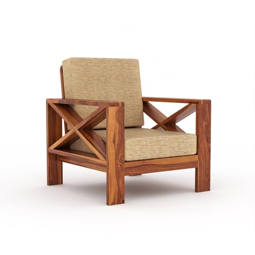 Image of Sheesham Wooden 1 Seater Sofa for Living Room | Rosewood 1 Seater Cushion Sofa X-Legs | Solid Wood Sofa Set for Lounge (1 Seater,Honey)