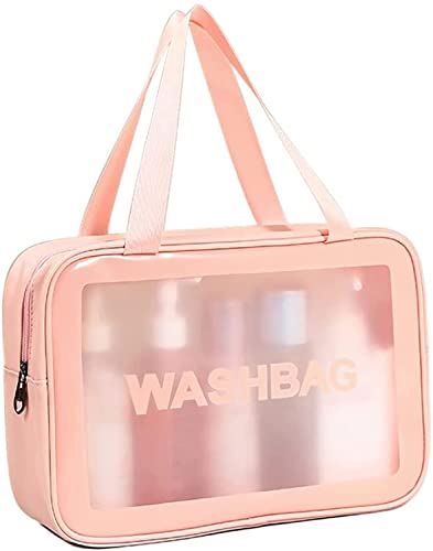 Image of KUKLAR Wash Bag Pouch for Travel Kit Toiletry Bag Cosmetic Bag Make Up Box for Brushes,Accessories with Handle,Large Capacity Translucent Waterproof Travel Storage Organizer Set of 1(Pink)
